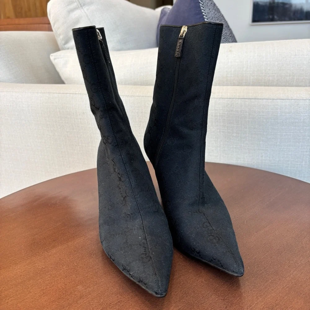 Authentic Vintage Gucci GG Monogram Canvas Pointed Toe Ankle Boots, Size 37. 1/2 - Picture 2 of 13